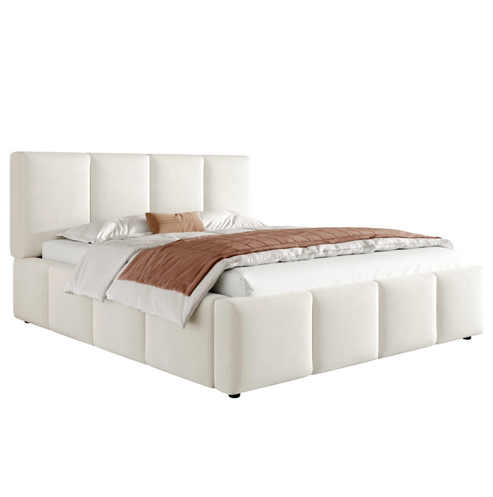 Letto matrimoniale 180x200 cm con rete a doghe; testiera imbottita in chenille beige