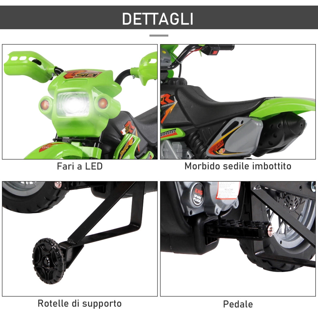 Moto Elettrica per Bambini 3 anni e Pi¨´, Moto Cross Elettrica con Rotelle, Batteria 6V Velocit¨¤ 2.5km/h, 102 x 53 x 66cm, Verde