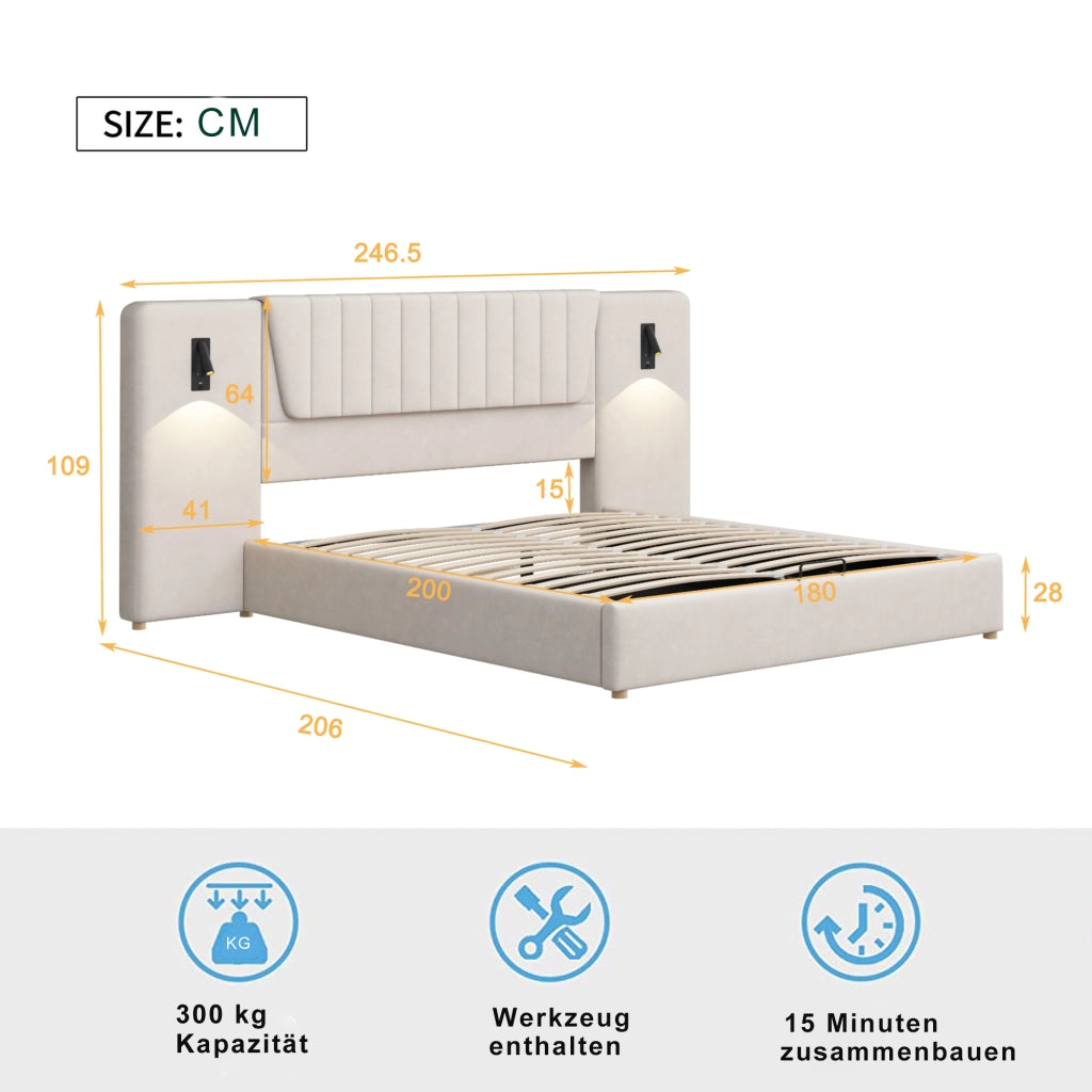 DESMIU Letto Matrimoniale 180 × 200 cm con contenitore idraulico, lampade da lettura, USB, senza materasso, in velluto, beige