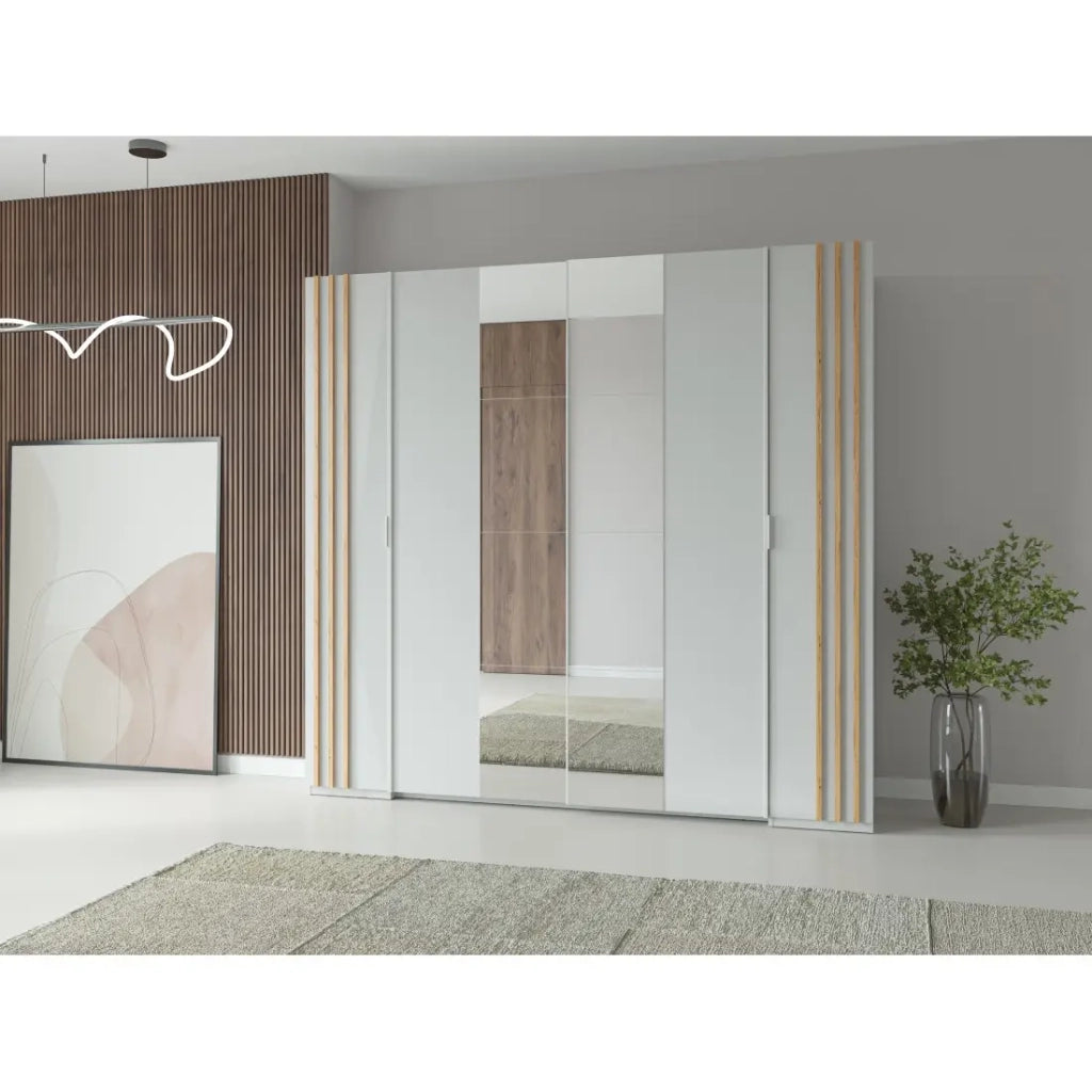 Armadio FLORENCE – Bianco e quercia – 2 porte scorrevoli + 2 a battente – L218 cm – 10 ripiani