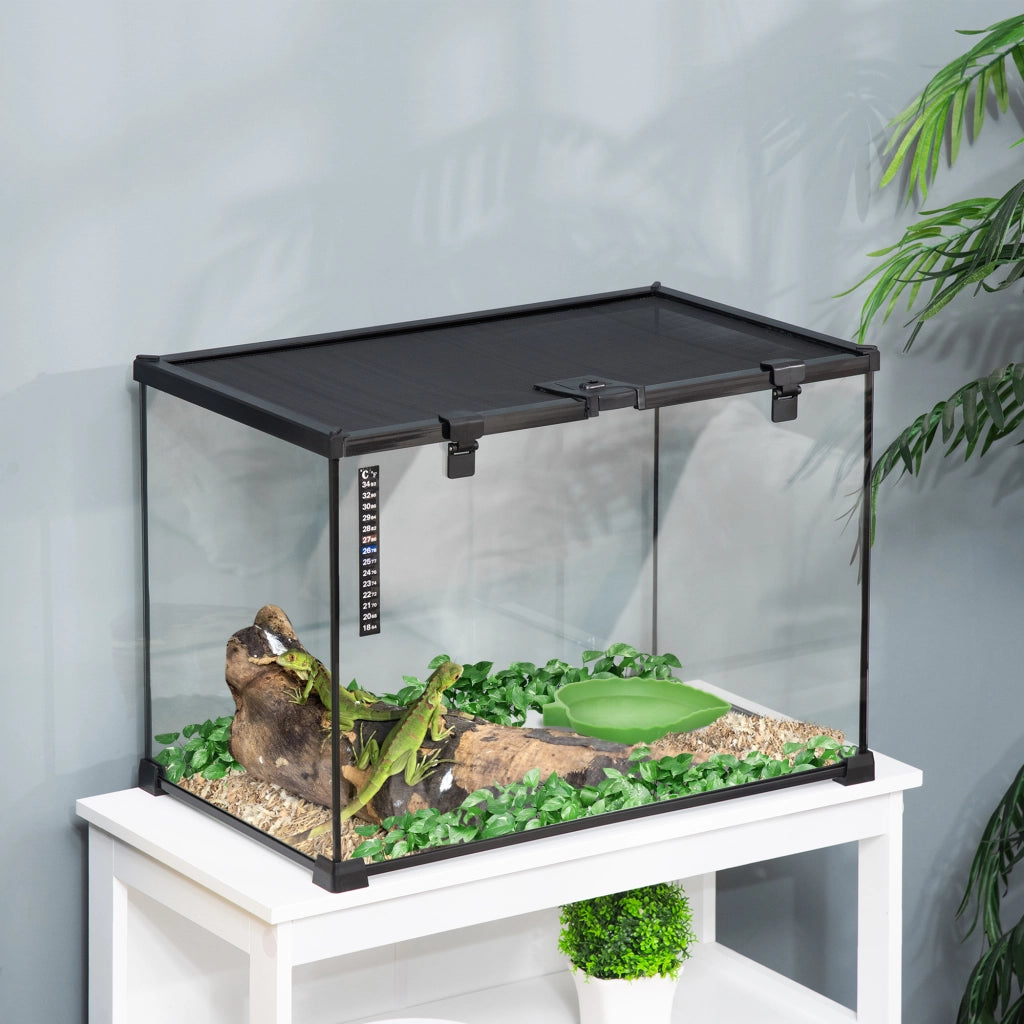 Terrario per rettili con coperchio scorrevole in rete metallica e termometro, scatola di allevamento robusta e pratica per piccoli animali