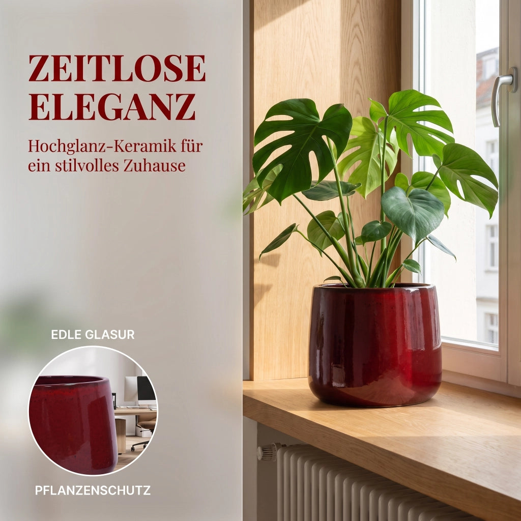Vasi da fiori set di 4 in ceramica con foro di drenaggio smaltati rosso lucido per interno balcone e giardino