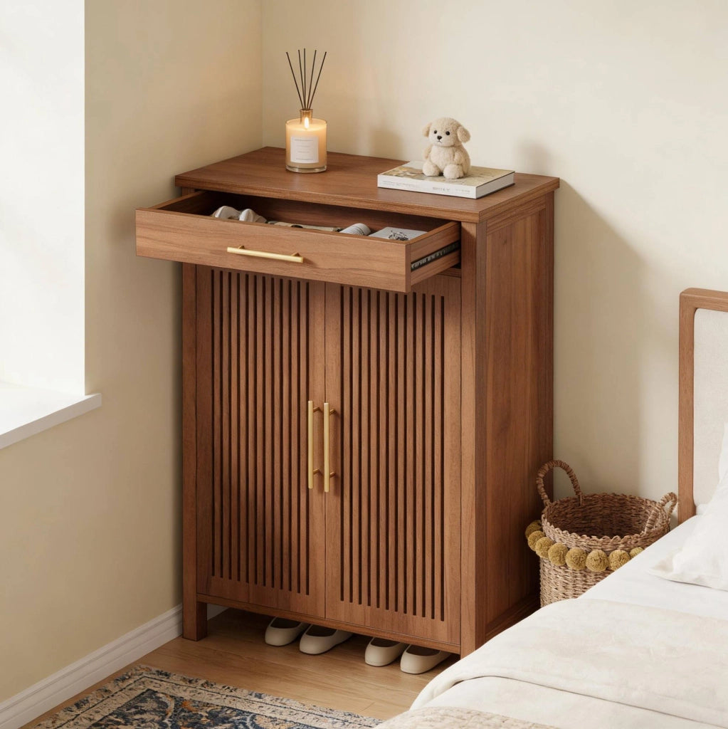 Scarpiera freestanding a 5 ripiani con ante a lamelle marrone