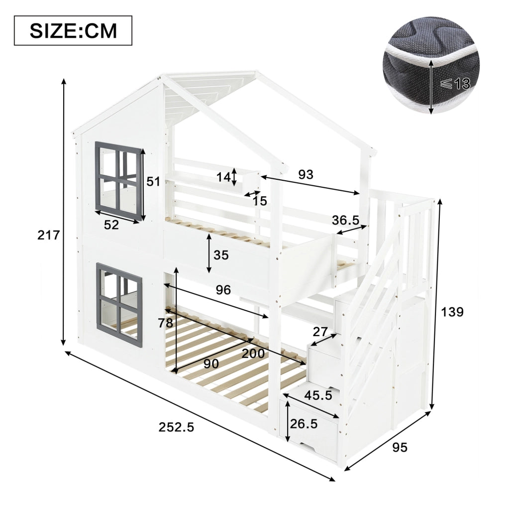 Letto a castello per bambini con scala contenitore a 3 gradini, finestrini e tetto, struttura in pino e MDF, bianco e grigio, 90x200 cm