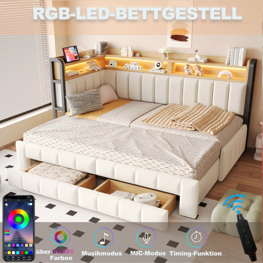 Divano letto 90x200 cm estraibile 180x200 cm con LED; USB e Type-C; cassetti; velluto beige