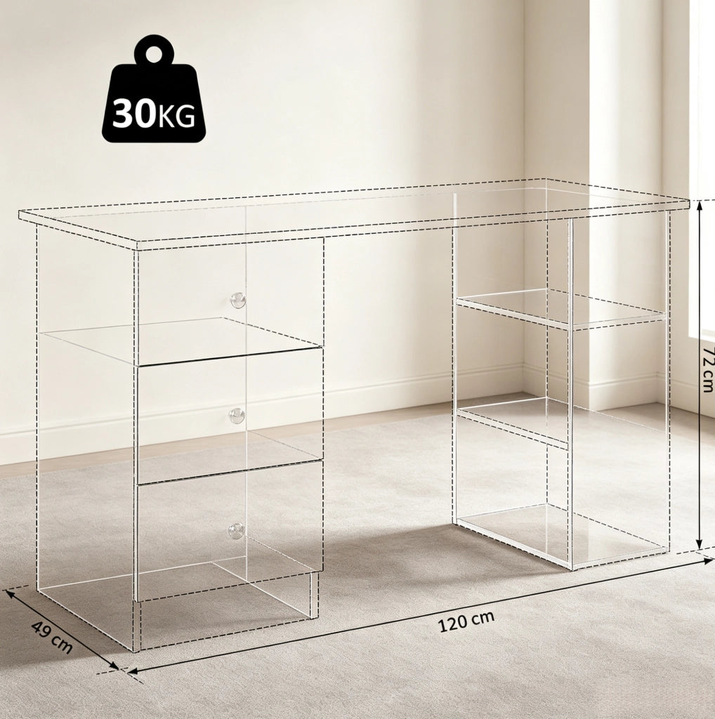 Scrivania da lavoro bianca con 3 cassetti e 2 ripiani, MDF e lega di alluminio, 120x49x72 cm