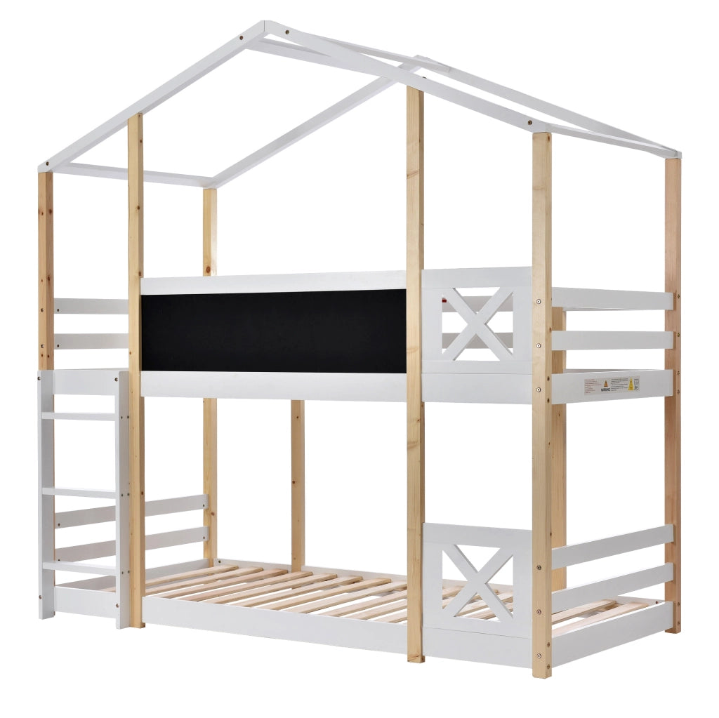 Letto a castello per bambini Yeavio 90x200 cm in legno di pino naturale e MDF con scala e rete a doghe