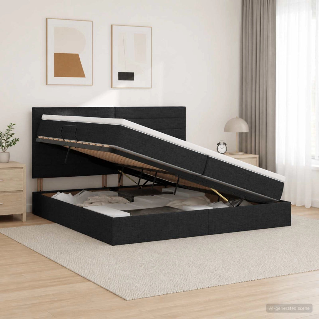Letto con contenitore e materasso Nero 200 x 200 cm Tessuto 3459464