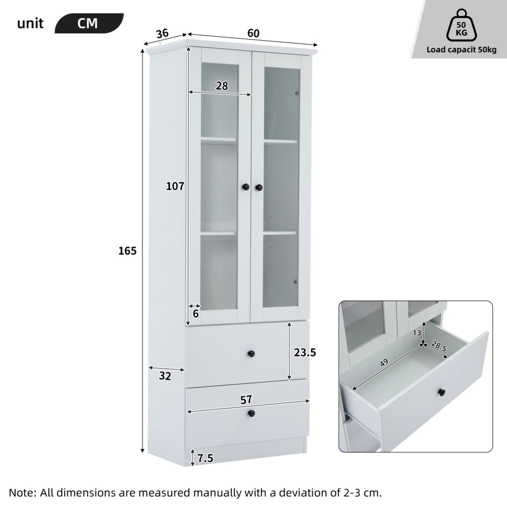 Vetrina 60x35,5x165 cm con LED Bluetooth, 2 cassetti in MDF e truciolare bianco