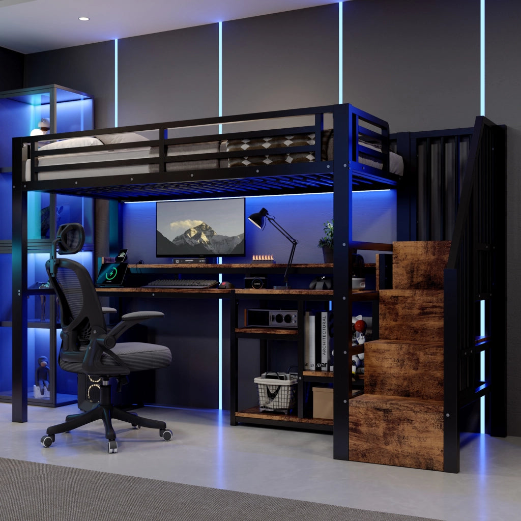 Letto a soppalco per bambini 90x200 cm con LED; USB e Type-C; scala con ripiani; metallo e MDF nero