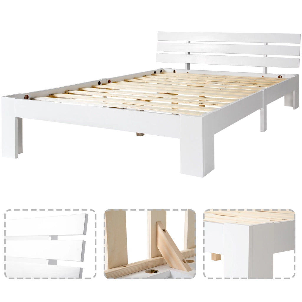 Letto matrimoniale 140 × 200 cm con testiera e rete a doghe in legno bianco portata massima 150 kg