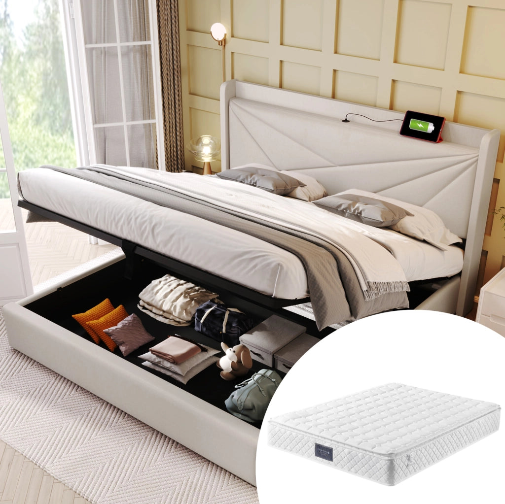 Letto matrimoniale contenitore beige 140x200 con testiera imbottita e porte di ricarica integrate