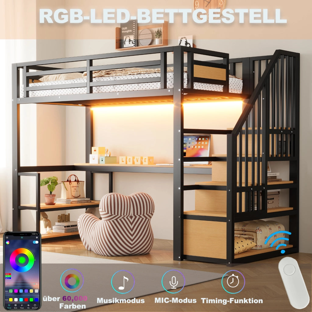 Letto a soppalco 90 × 200 cm con scrivania scaffali scala contenitore metallo e MDF nero con parapetto