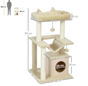 Tiragraffi per gatti 90 cm con amaca e cuccia, crema