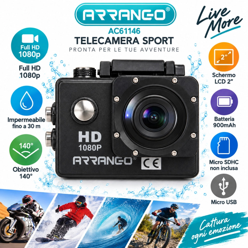 TELECAMERA SPORT ACTION CAM FULL HD 1080P IMPERMEABILE LCD 2" 30M BLACK AC61146
