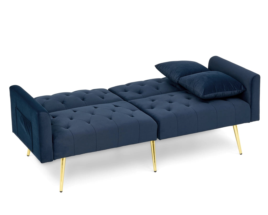 Divano letto 2 posti con schienale regolabile in velluto blu e 2 cuscini