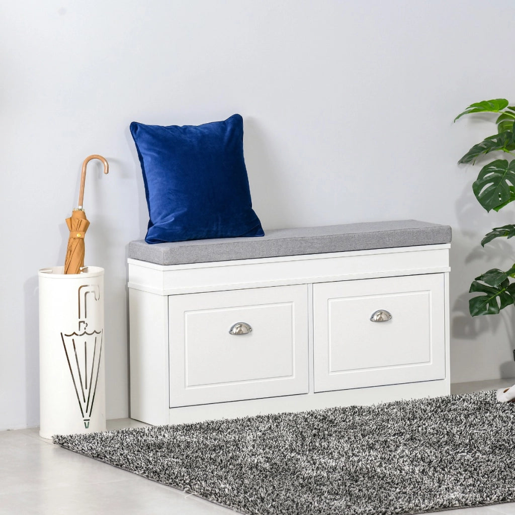 EasyComfort Panca Scarpiera Salvaspazio in Legno con Cuscino, 2 Cassetti con Mensola Regolabile per 8 Scarpe, 104x24x55cm, Bianco