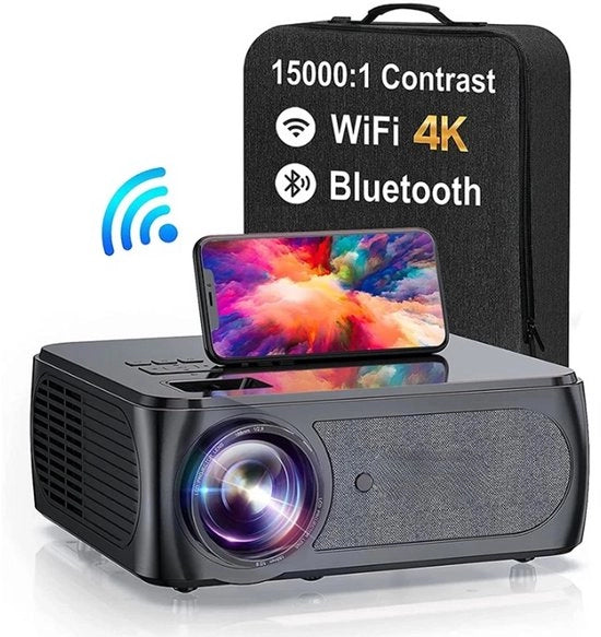 Proiettore Mini - 1080P - Proiettore Digitale - Connessione 5G WiFi - Bluetooth - Compatibile con HDMI - USB - 10000 Lumen - 350 ANSI - 150W - Nero