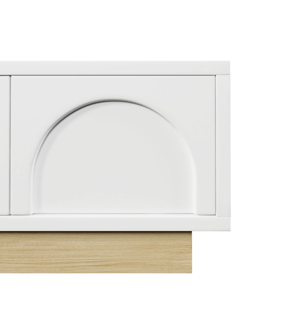 Mobile TV 175 cm con 4 ante push-to-open in MDF bianco e finitura color legno