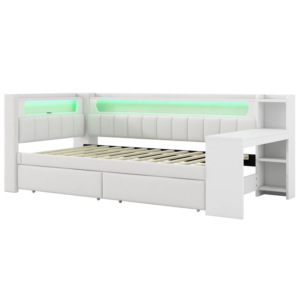 Letto per bambini 90 x 200 cm con scrivania, 2 cassetti, LED 7 colori, USB, bianco, rete a doghe inclusa