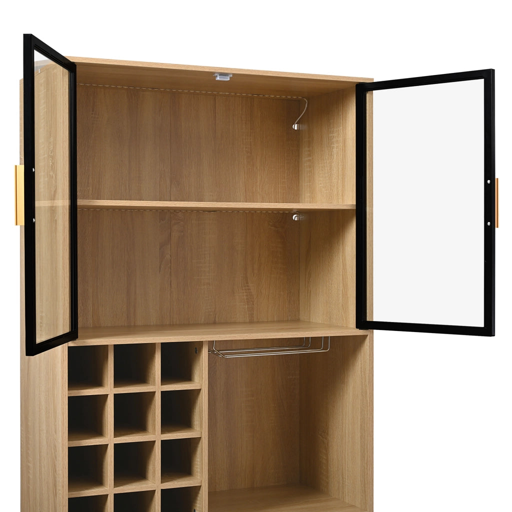 Vetrina con ante in vetro vani aperti e illuminazione a LED con portabicchieri removibile in MDF naturale