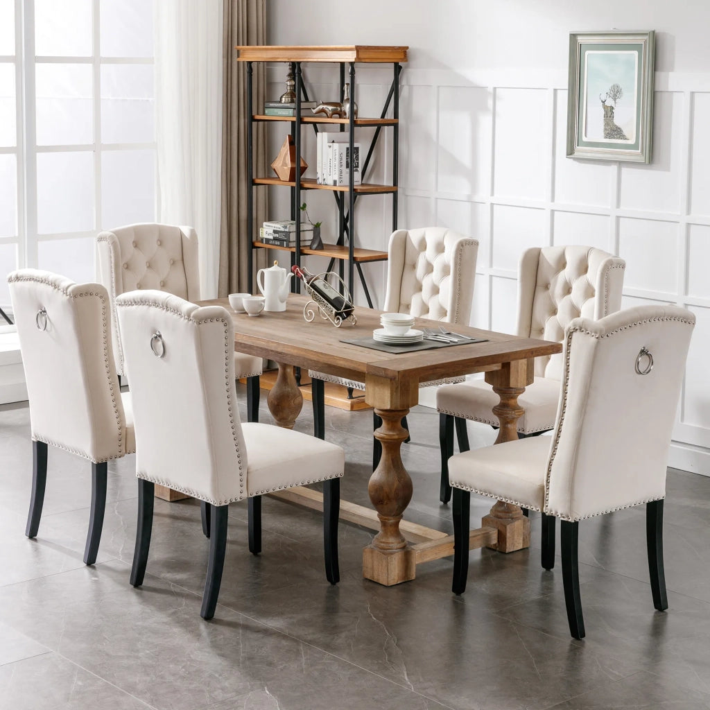 Set 2 Sedie da Pranzo in Velluto Beige con Gambe in Quercia, Bottoni e Borchie Cromate, per Soggiorno e Camera