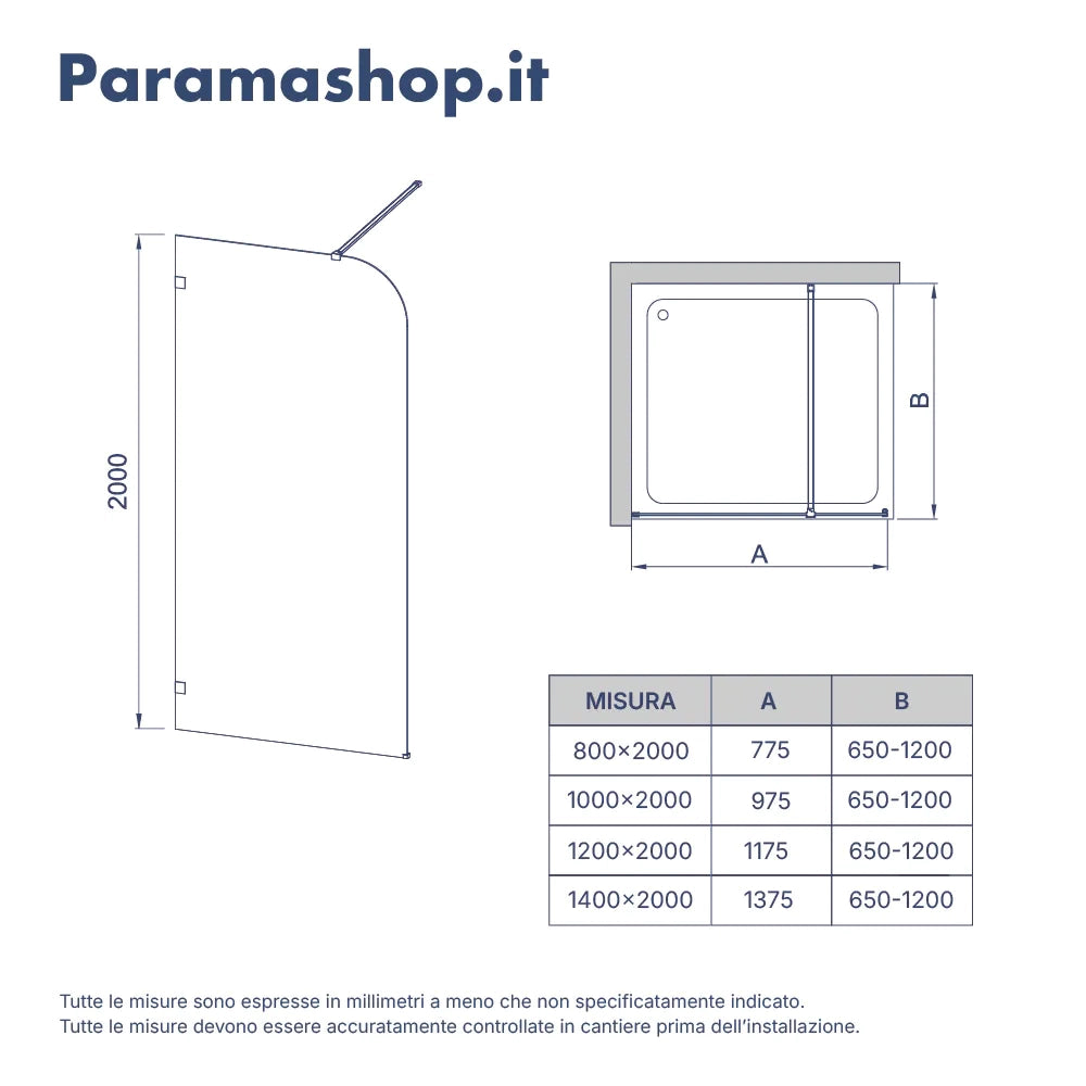 Doccia walk-in arco 80cm con cerniere cromate vetro 8mm trasparente easy clean h200 | Senja