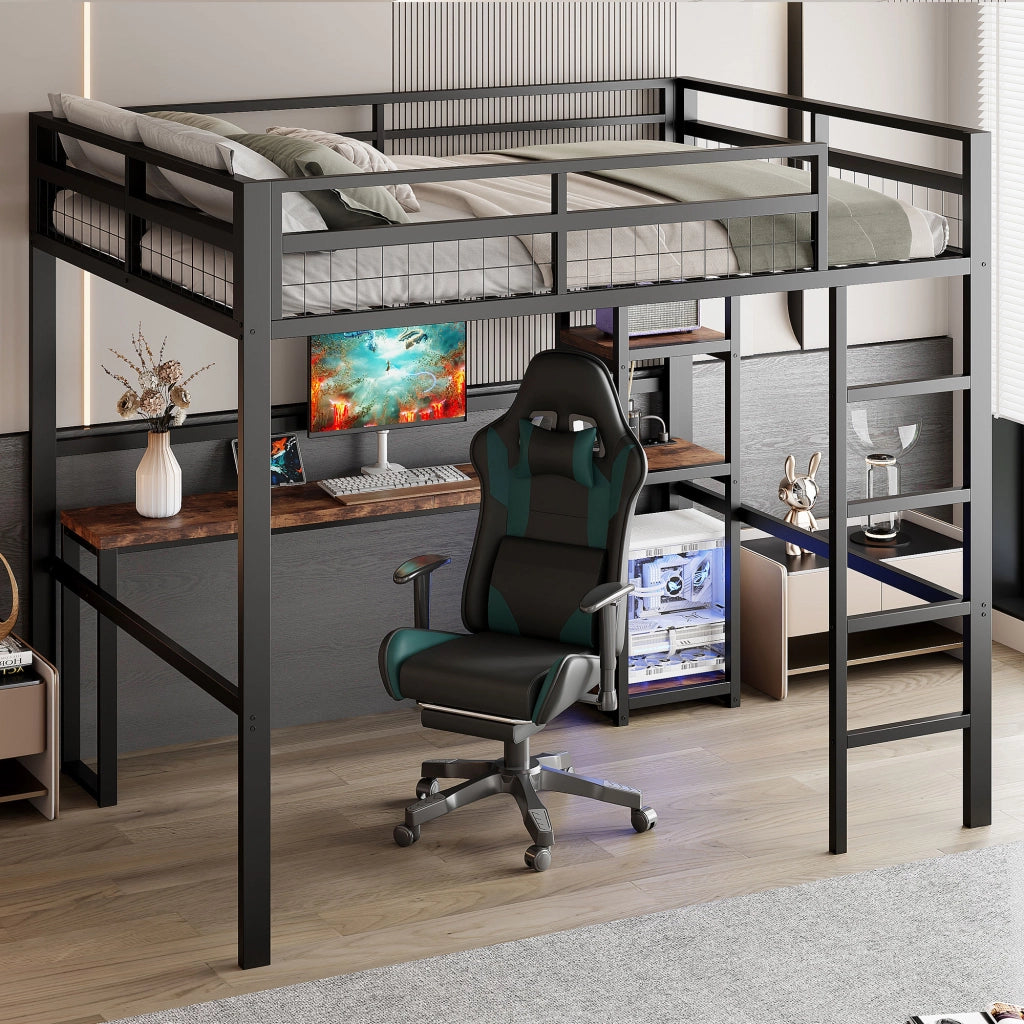 Letto a soppalco 140 × 200 cm con scrivania mensole prese USB Type-C in metallo nero scala e barriera