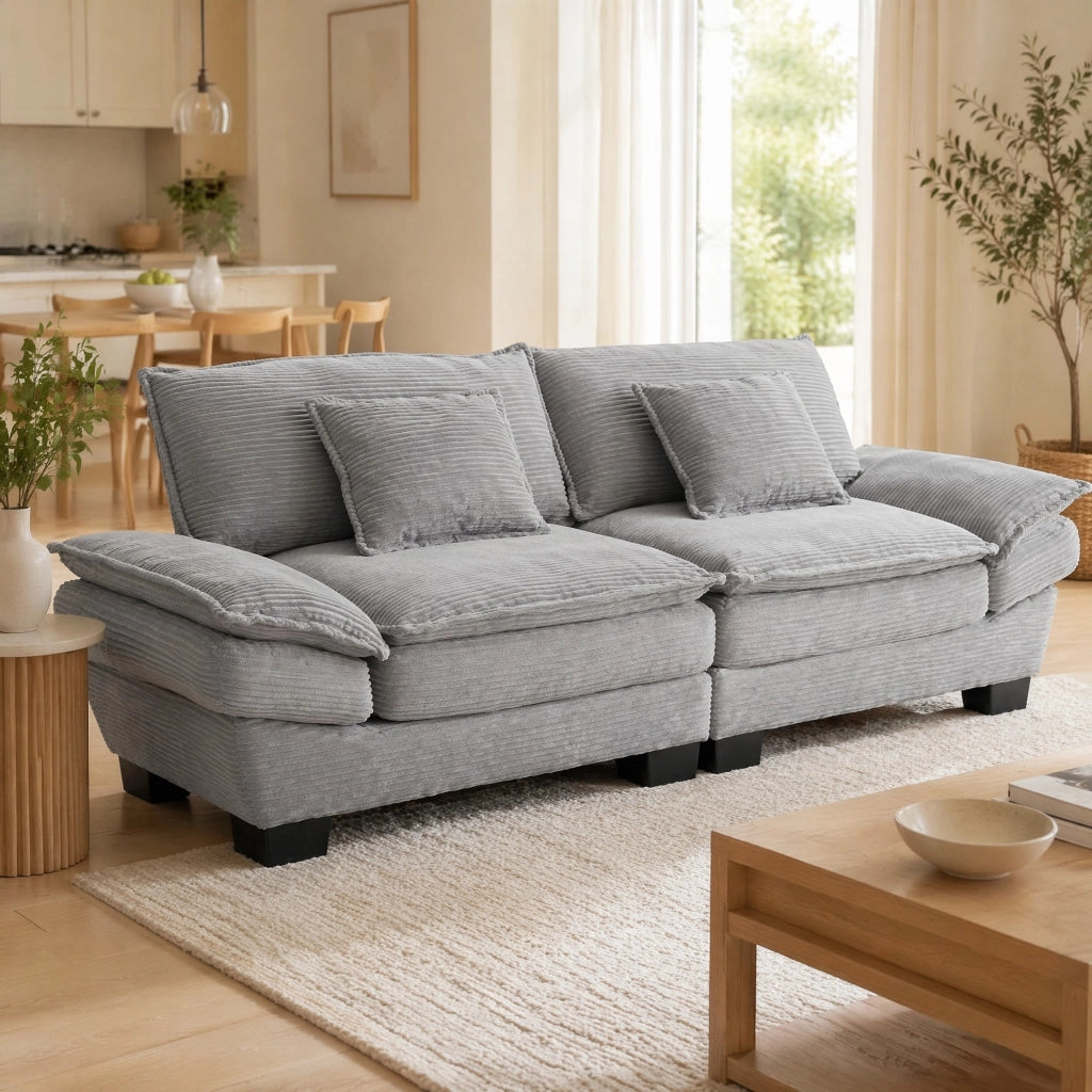 Divano a 2 posti in velluto; seduta profonda 224x81x81 cm; grigio chiaro