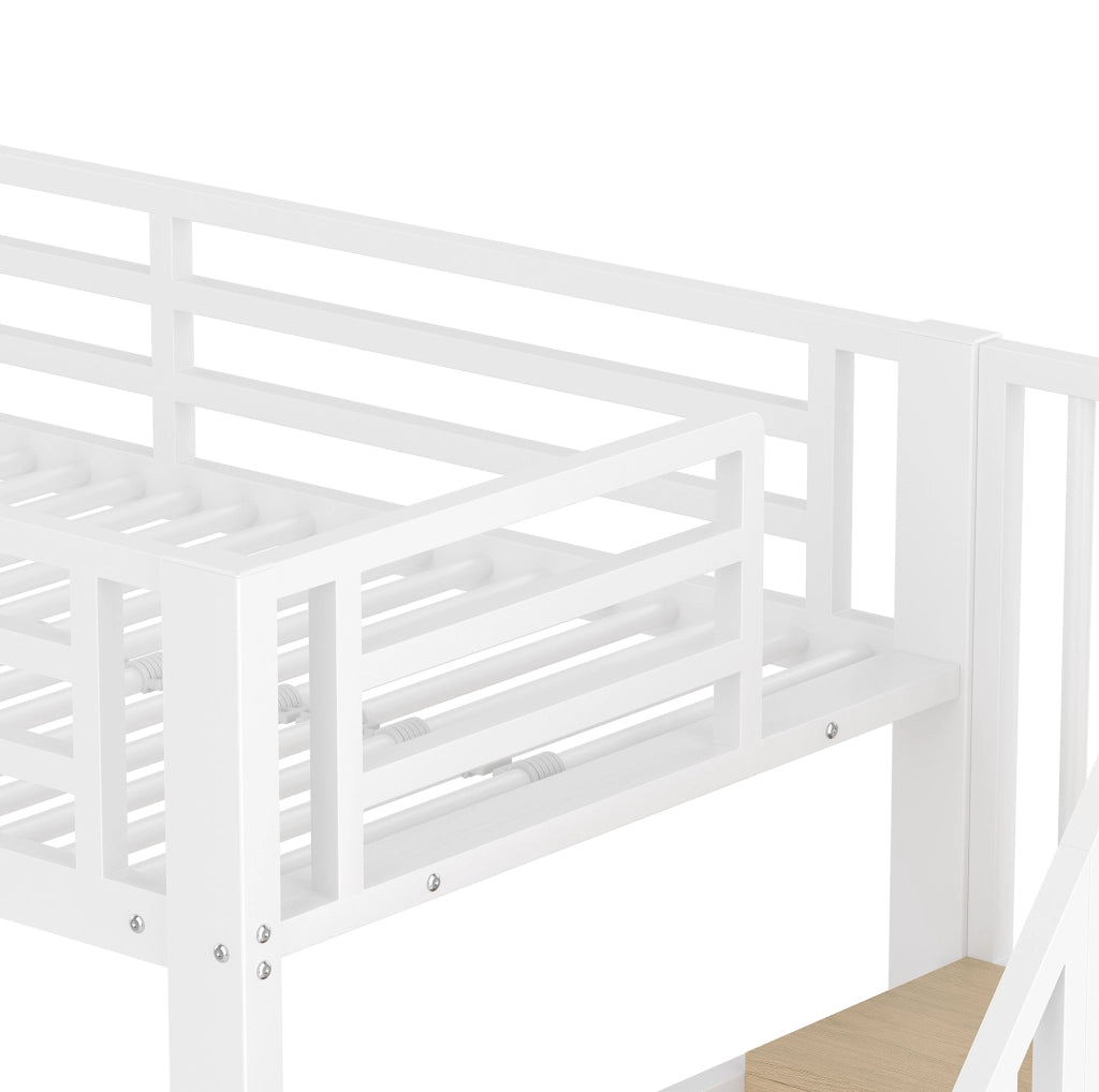 Letto a soppalco 90x200 cm in metallo con scala, ripiani e illuminazione LED integrata, bianco