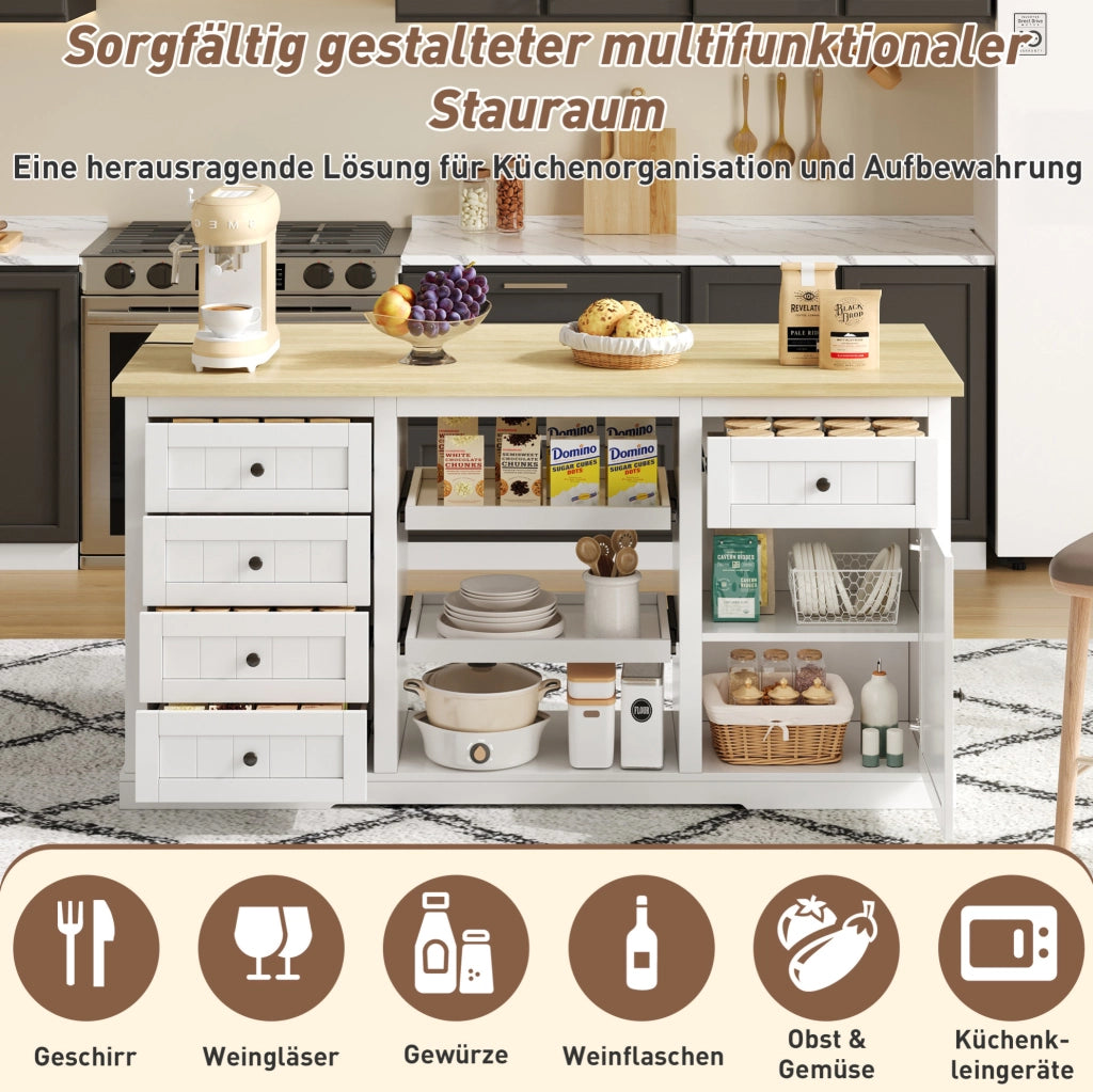Mobile da cucina 150x65x75;5 cm con 5 cassetti; piano ribaltabile e prese USB; bianco