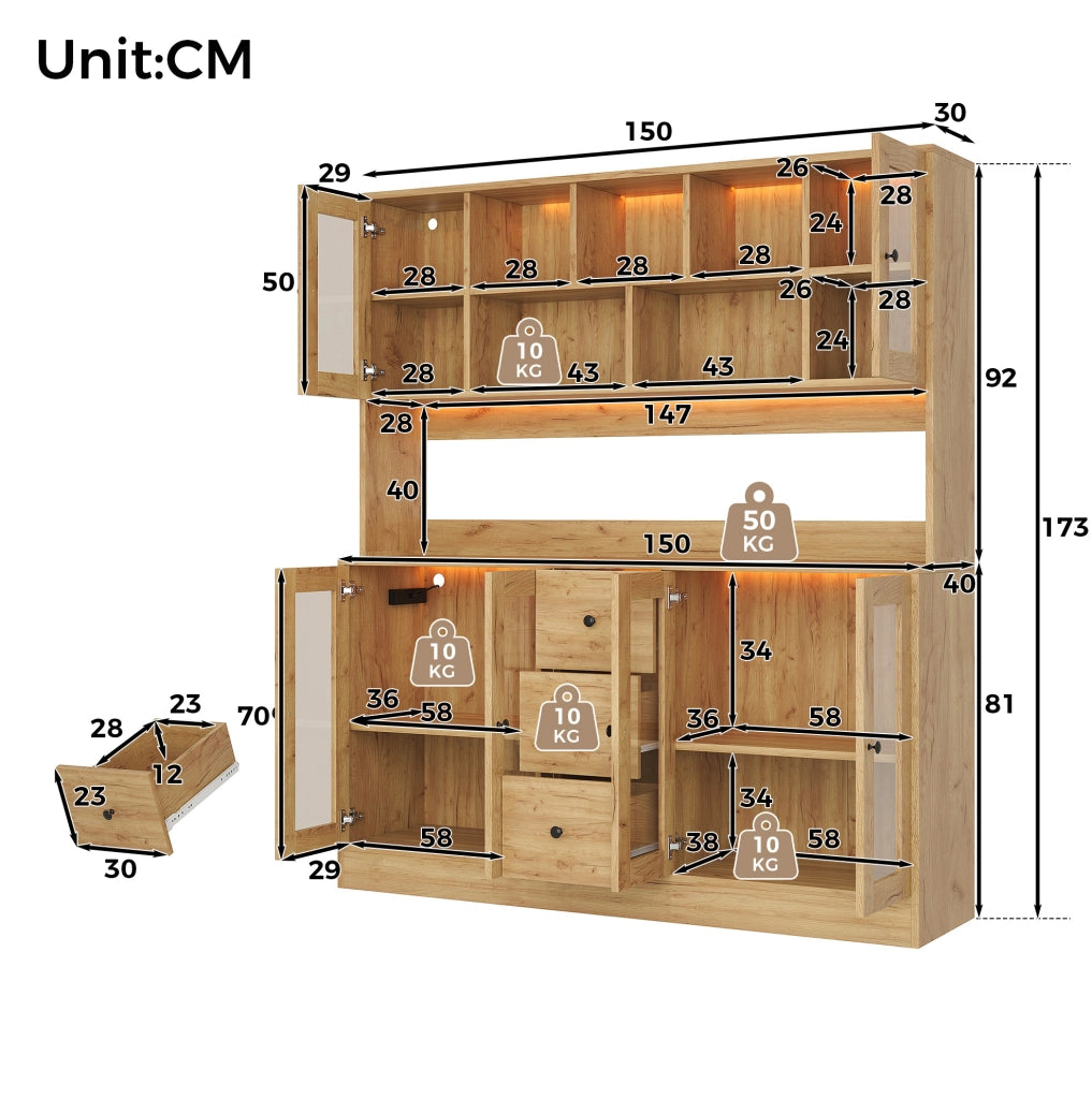 Mobile da cucina 150x40x173 cm con LED RGB, 3 cassetti e prese in MDF naturale