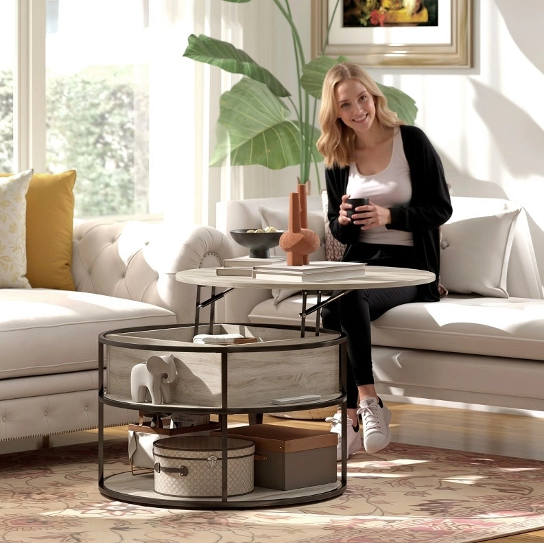 Tavolino da salotto rotondo elevabile Ø80 cm con vano contenitore e ripiani rovere HOMVRA