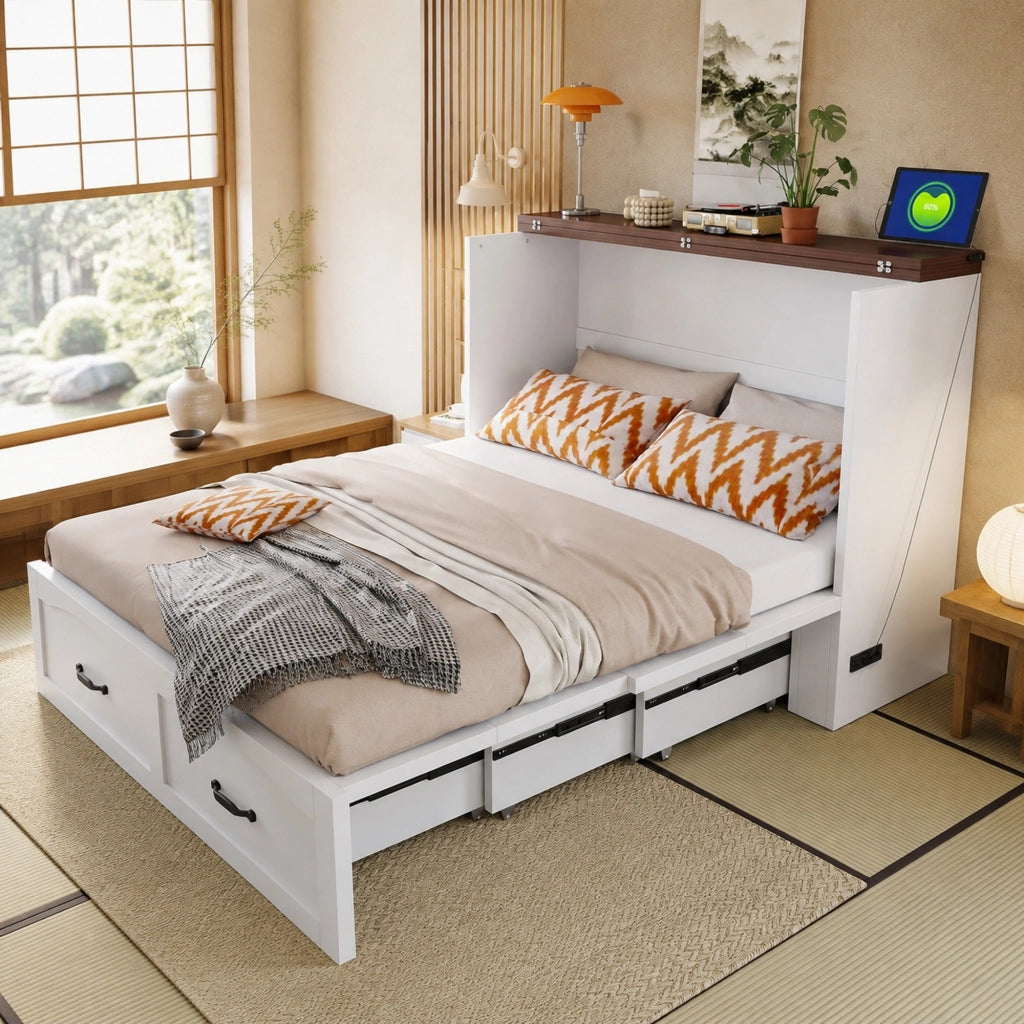 Letto a scomparsa ULEVR 140x200 cm con struttura estraibile, presa europea e ruote silenziose, bianco