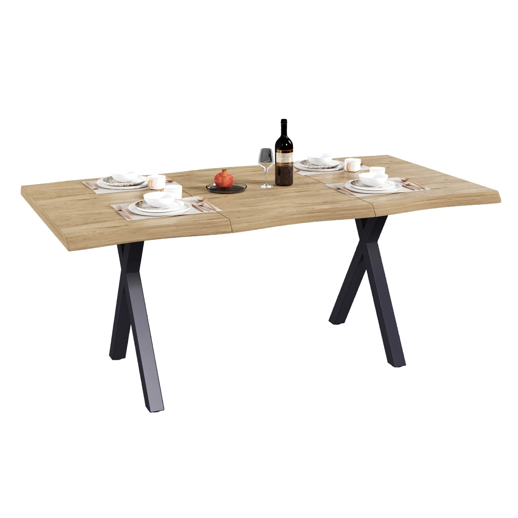 Tavolo da Pranzo 180x78 cm 4-6 Posti LEMONMAX; Piano MDF 28 mm con Bordi Ondulati; Gambe a X in Metallo; Effetto Legno Naturale; Portata 60 kg