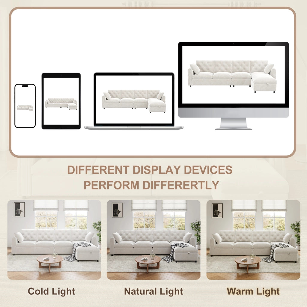 Divano letto modulare angolare con contenitore in poliestere beige configurabile a sinistra o destra 281 × 132 × 86 cm