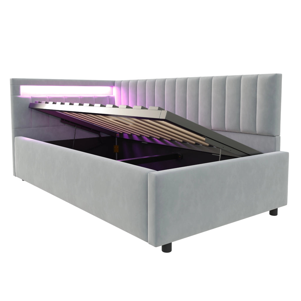 Letto imbottito singolo 90×200 cm con LED; contenitore idraulico e rete; senza materasso; velluto; grigio