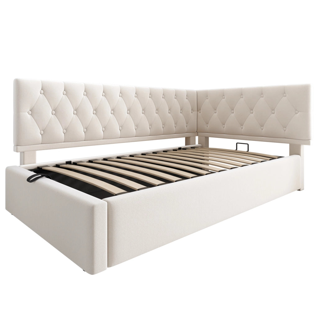 Letto 90x190 cm con contenitore idraulico in velluto beige e testiera reversibile
