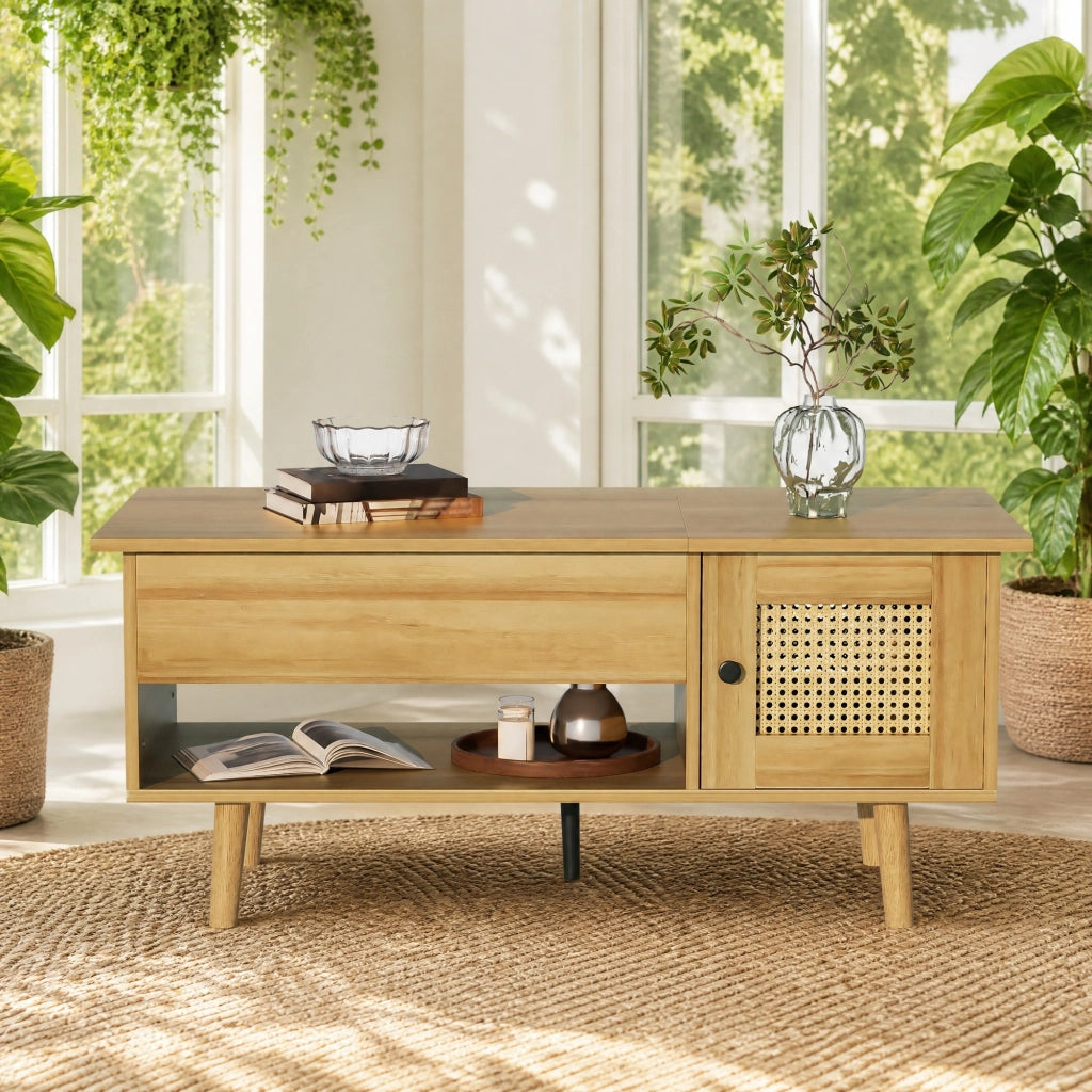 Tavolino da caffè con piano sollevabile e ante effetto rattan