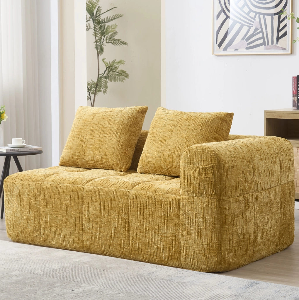 Divano 2 posti con chaise longue, tessuto chenille giallo, con cuscino e tasche laterali
