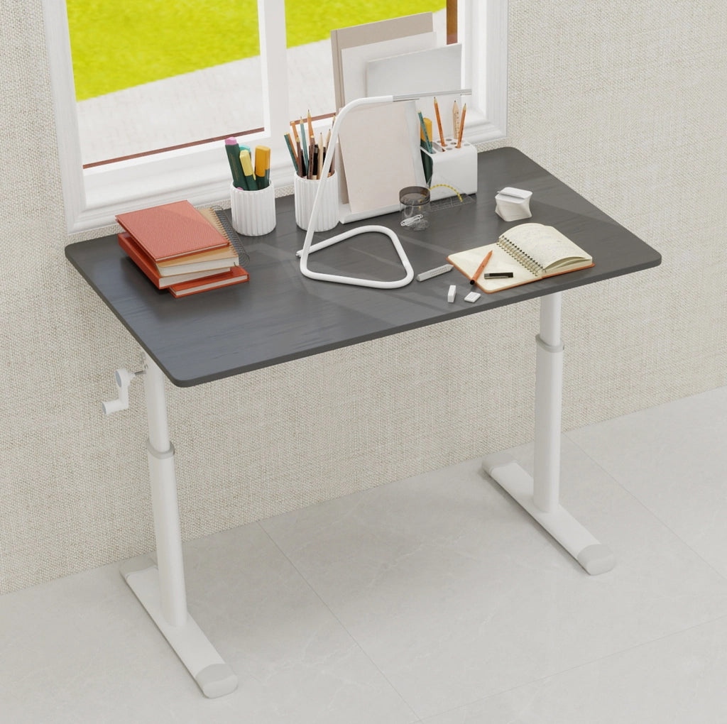 Scrivania regolabile in altezza con manovella; struttura in metallo e legno; grigio