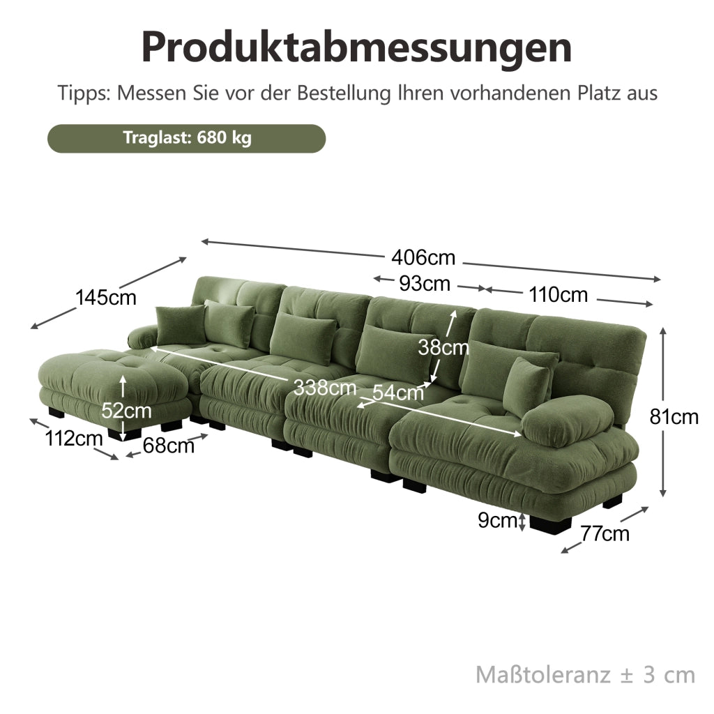 Divano angolare modulare in chenille vintage verde, 4 posti con pouf mobile
