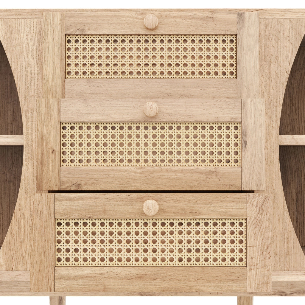 Credenza con 3 cassetti in rattan e ante scorrevoli, ripiani regolabili per soggiorno e ingresso, naturale, 140.5 × 40 × 76 cm