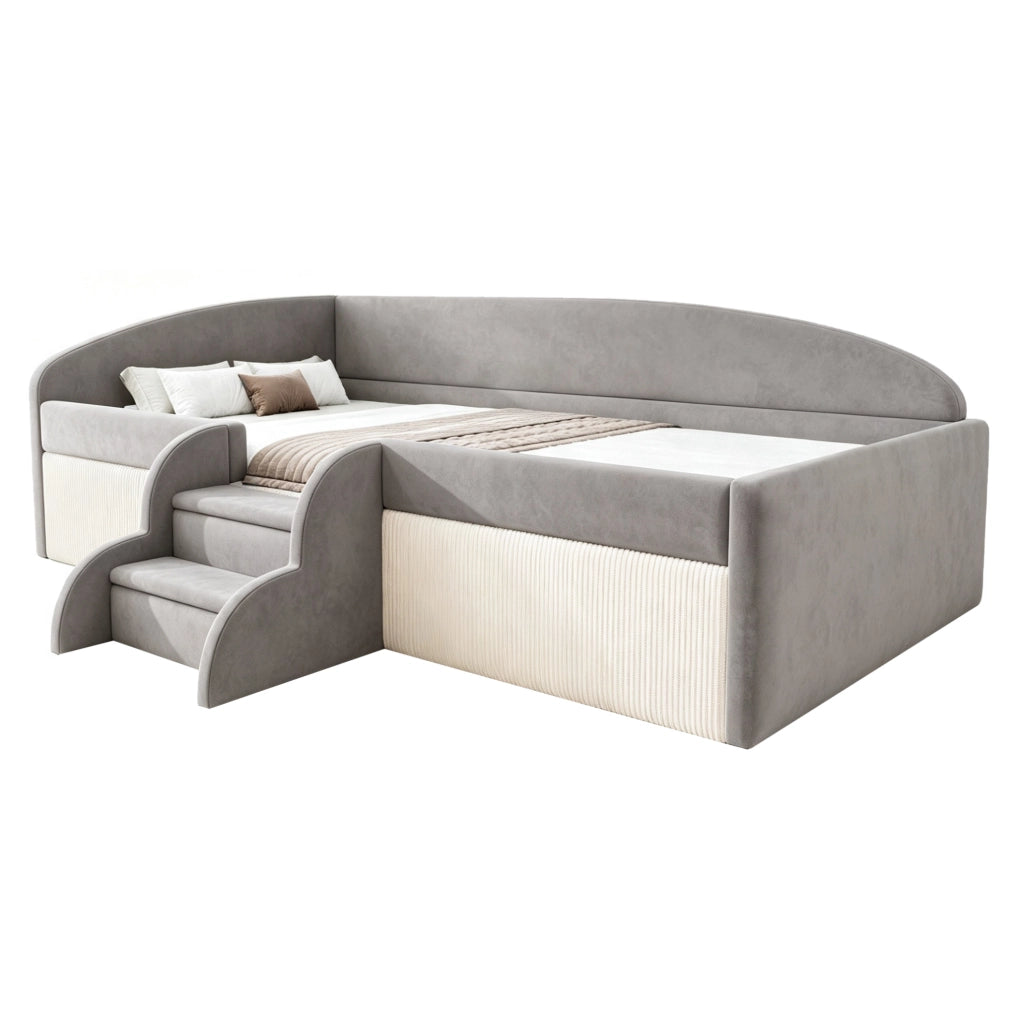 Letto imbottito per bambini 90x190 cm in tessuto vellutato anallergico con scale antiscivolo e protezioni laterali grigio