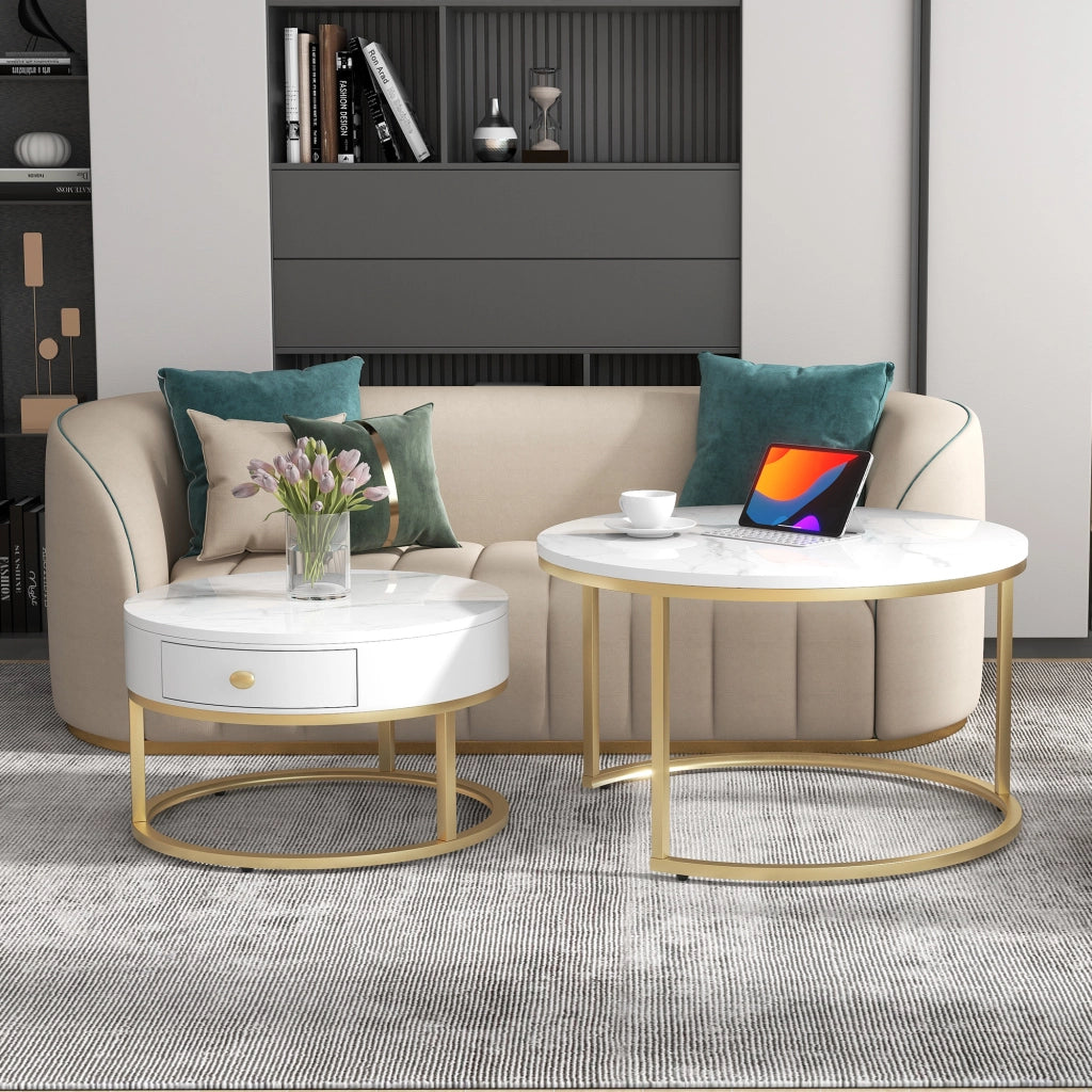 Tavolini bassi a incastro rotondi set di 2 in MDF bianco lucido effetto marmo con struttura in metallo dorata