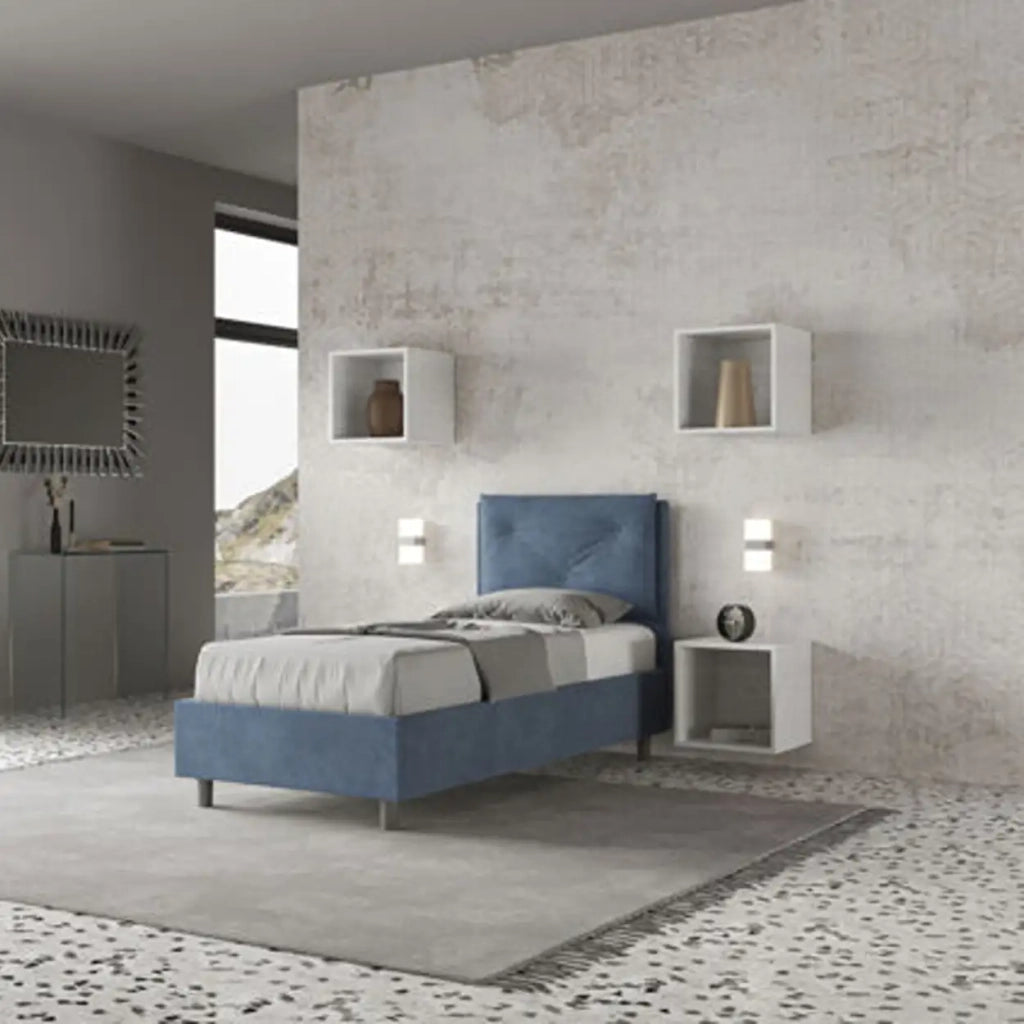 Letto singolo con rete imbottito 80x210 microfibra blu Appia