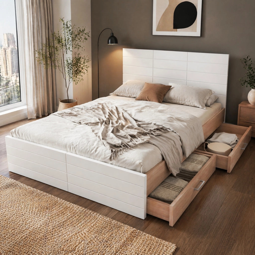 Letto matrimoniale in legno con 2 cassetti e rete, design moderno salvaspazio