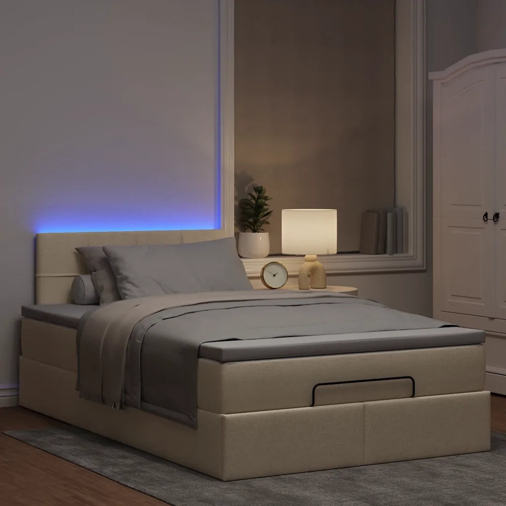 Pouf Letto con Materasso e LED Crema 120x190cm in Tessuto