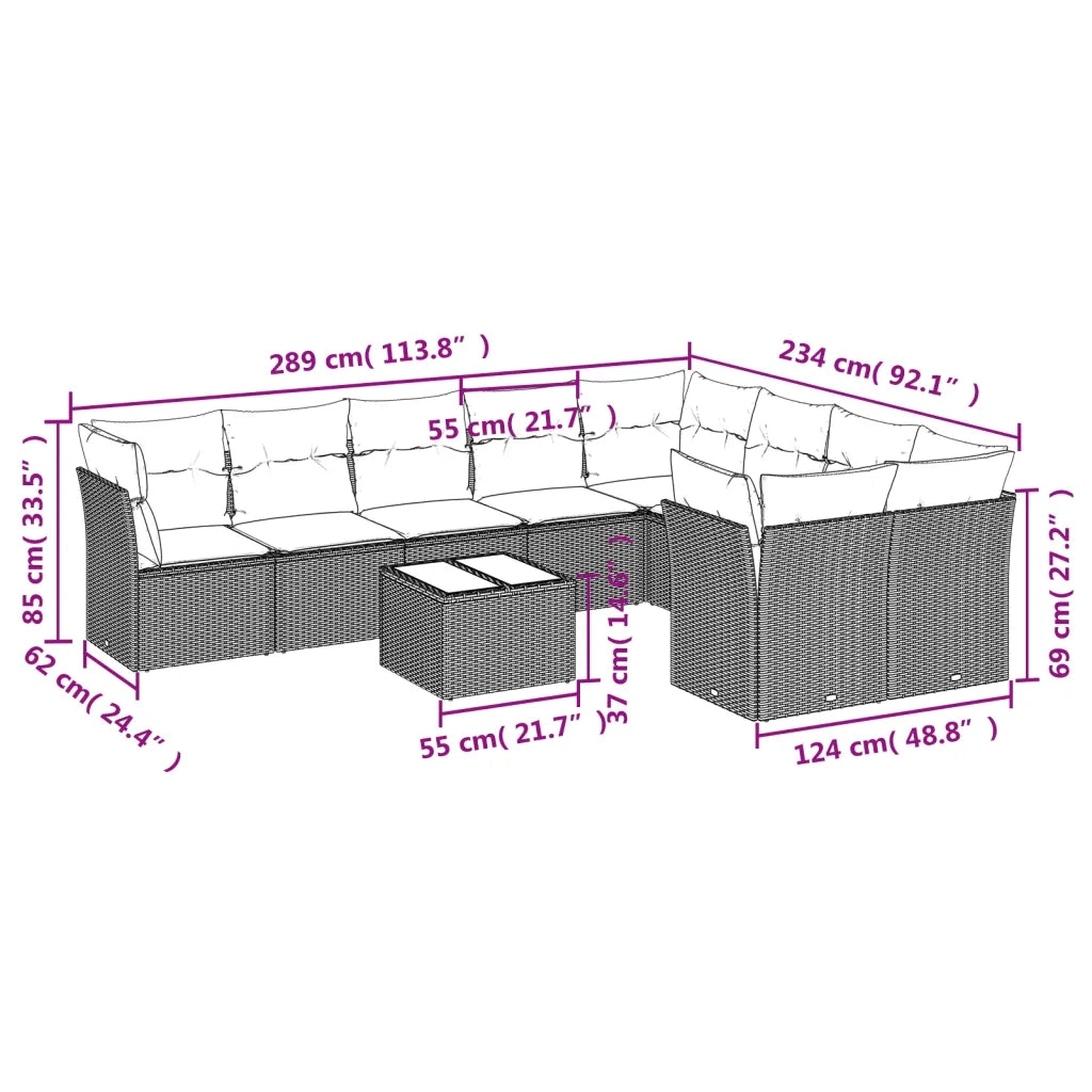 Set Divano Giardino 10 pz con Cuscini Grigio Chiaro Polyrattan