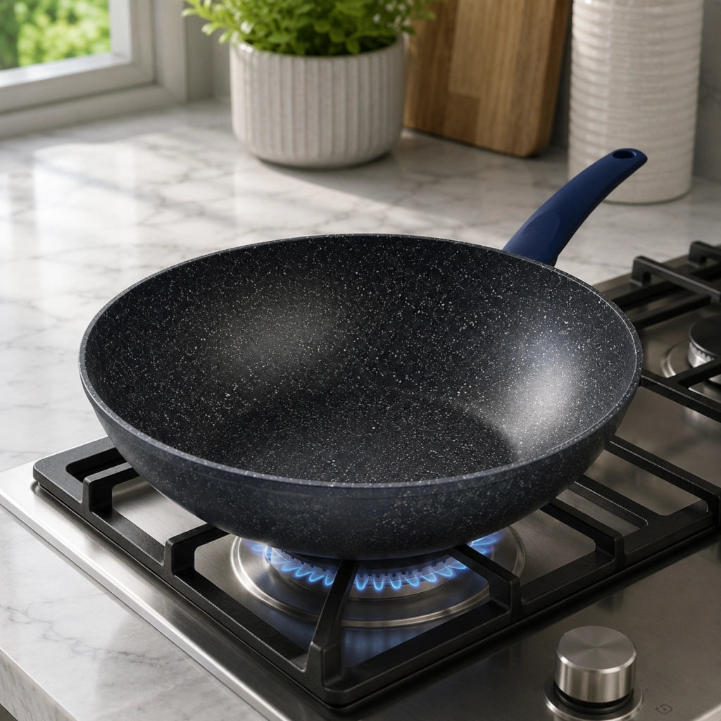 Wok Antiaderente Ø 20 cm un Manico - Linea Gaia Deluxe - Alluminio Forgiato a Freddo Fondo Extra Wide 4,5 mm - Effetto Pietra - Induzione - GMD Italy